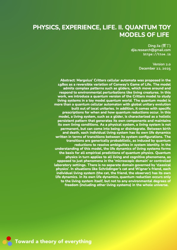 Physics, Experience, Life. II. Quantum toy models of life cover