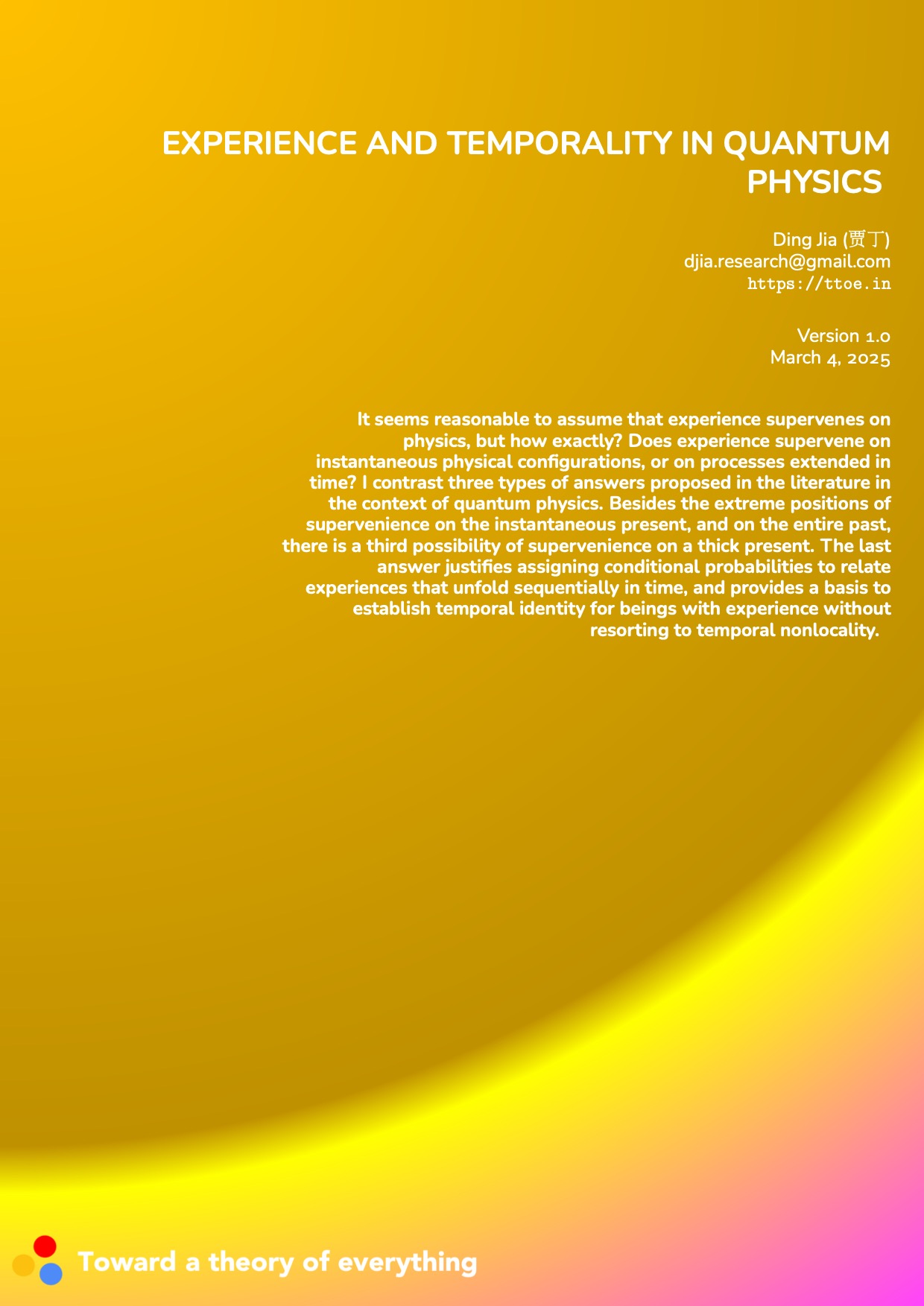 Experience and temporality in quantum physics cover