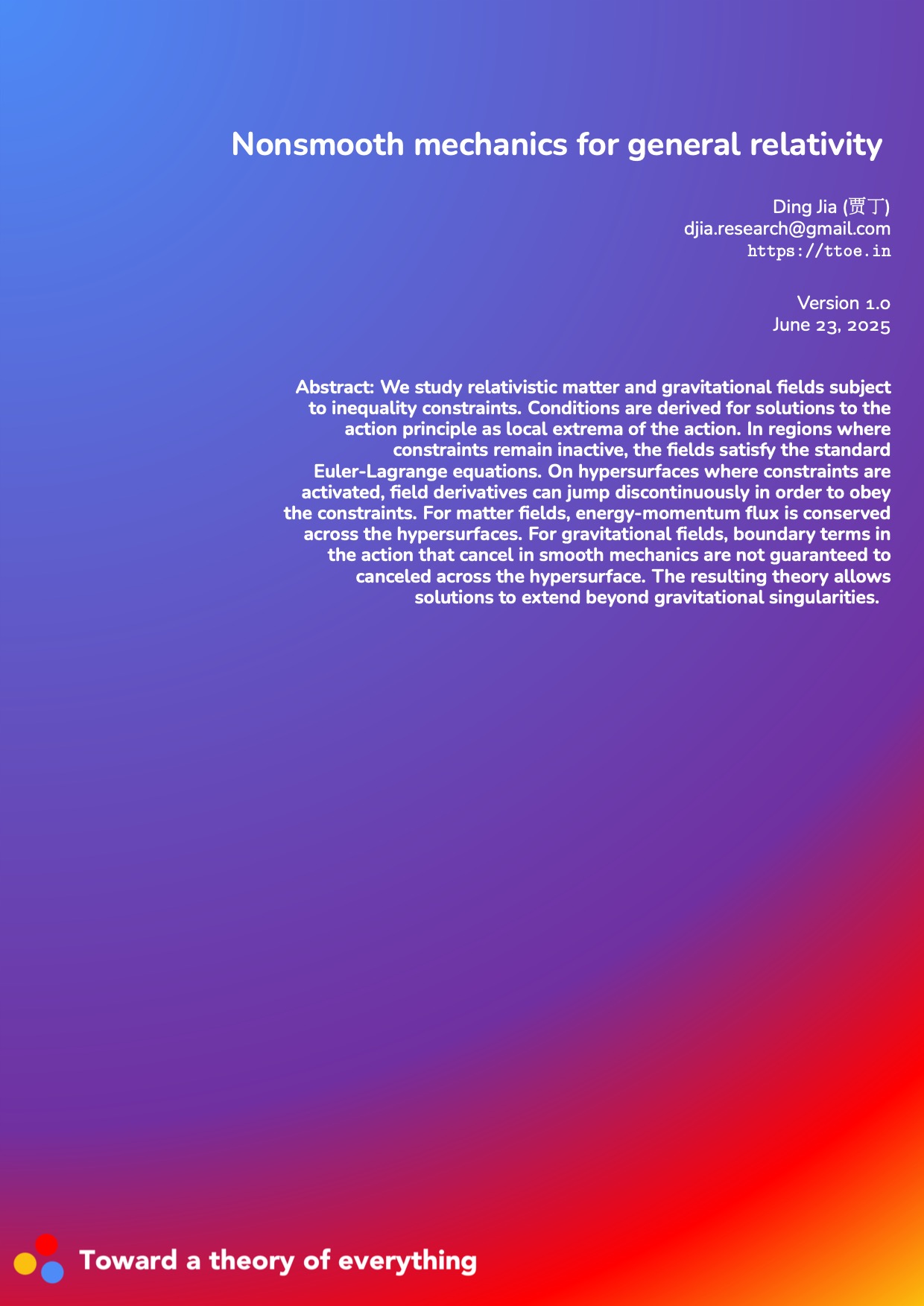 Nonsmooth mechanics for general relativity cover